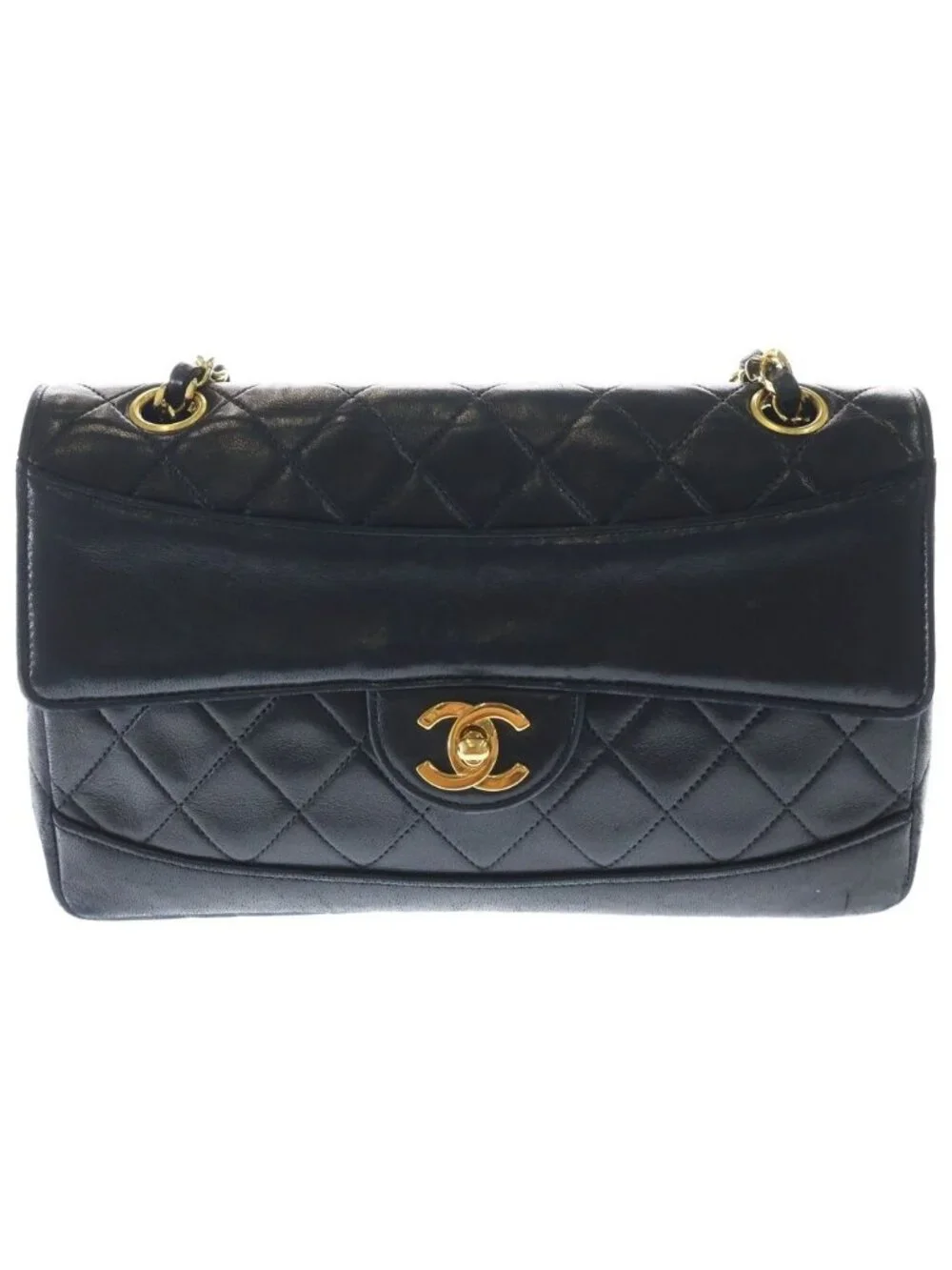 Chanel Quilted Lambskin Leather Turnlock Chain Shoulder Bag Gold Black